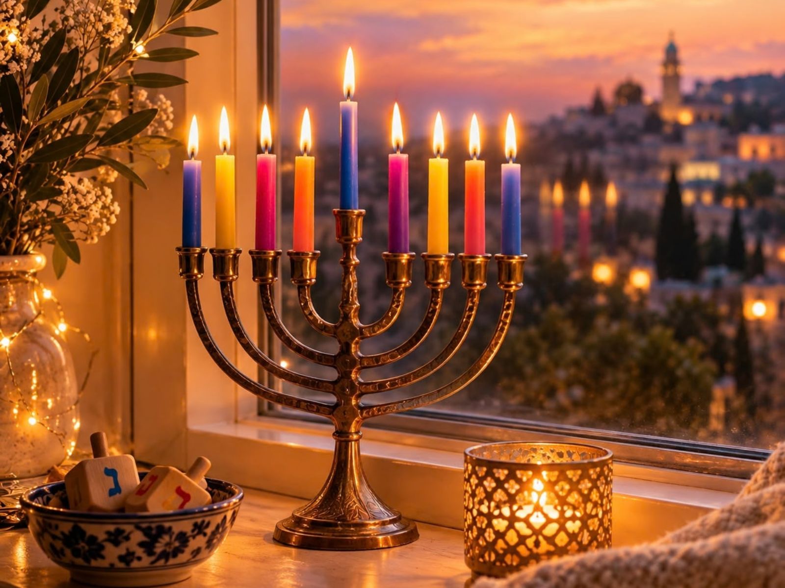 חנוכייה צבעונית עם נרות בגווני הקשת על אדן החלון בשקיעה