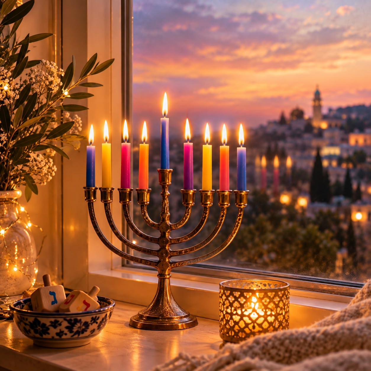 חנוכייה צבעונית עם נרות בגווני הקשת על אדן החלון בשקיעה