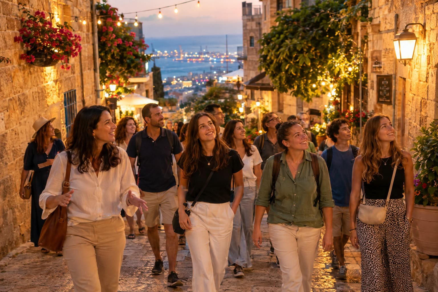 קבוצת הסיור בסמטאות הדר הכרמל בשעות בין הערביים, מפרץ חיפה ברקע